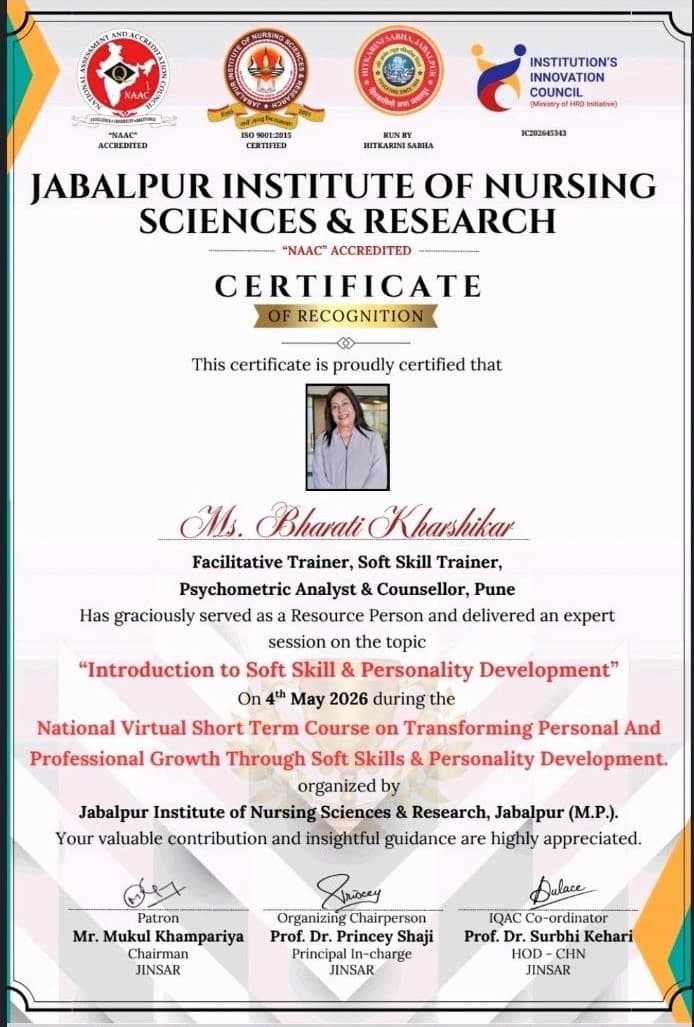 Certificate of Recognition from Jabalpur Institute of Nursing Sciences & Research
